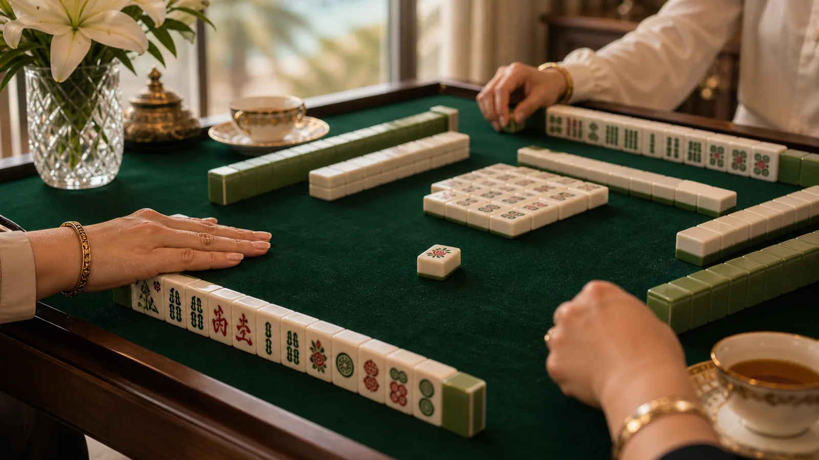 A calm Mahjong table showing a neat discard and players waiting their turn