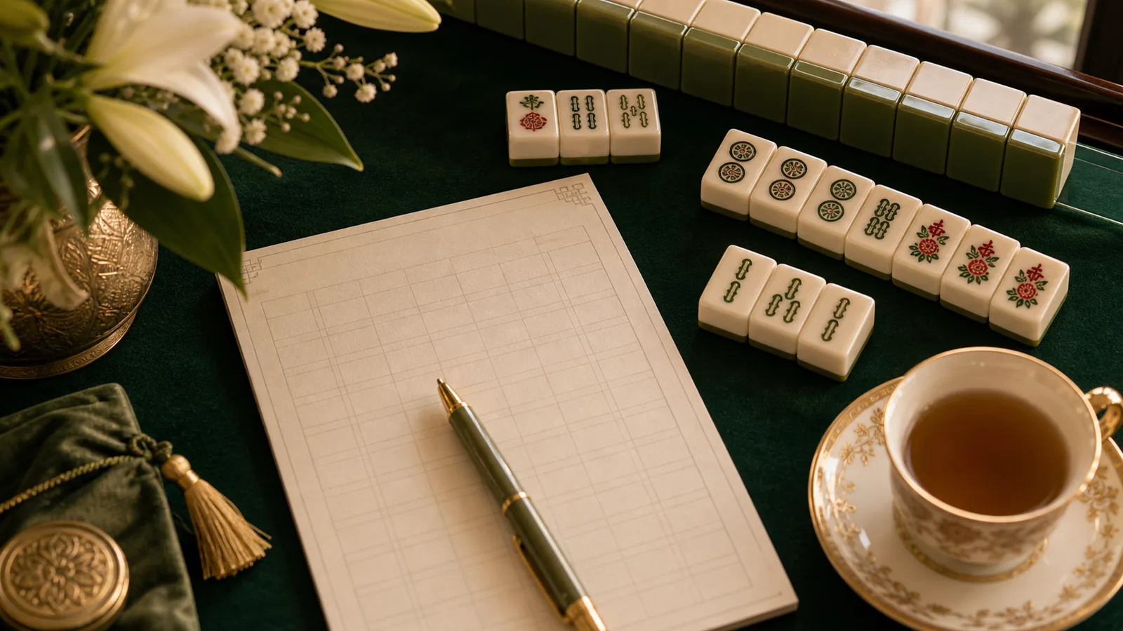 Blank Mahjong score sheet with simple tile sets and a brass pen