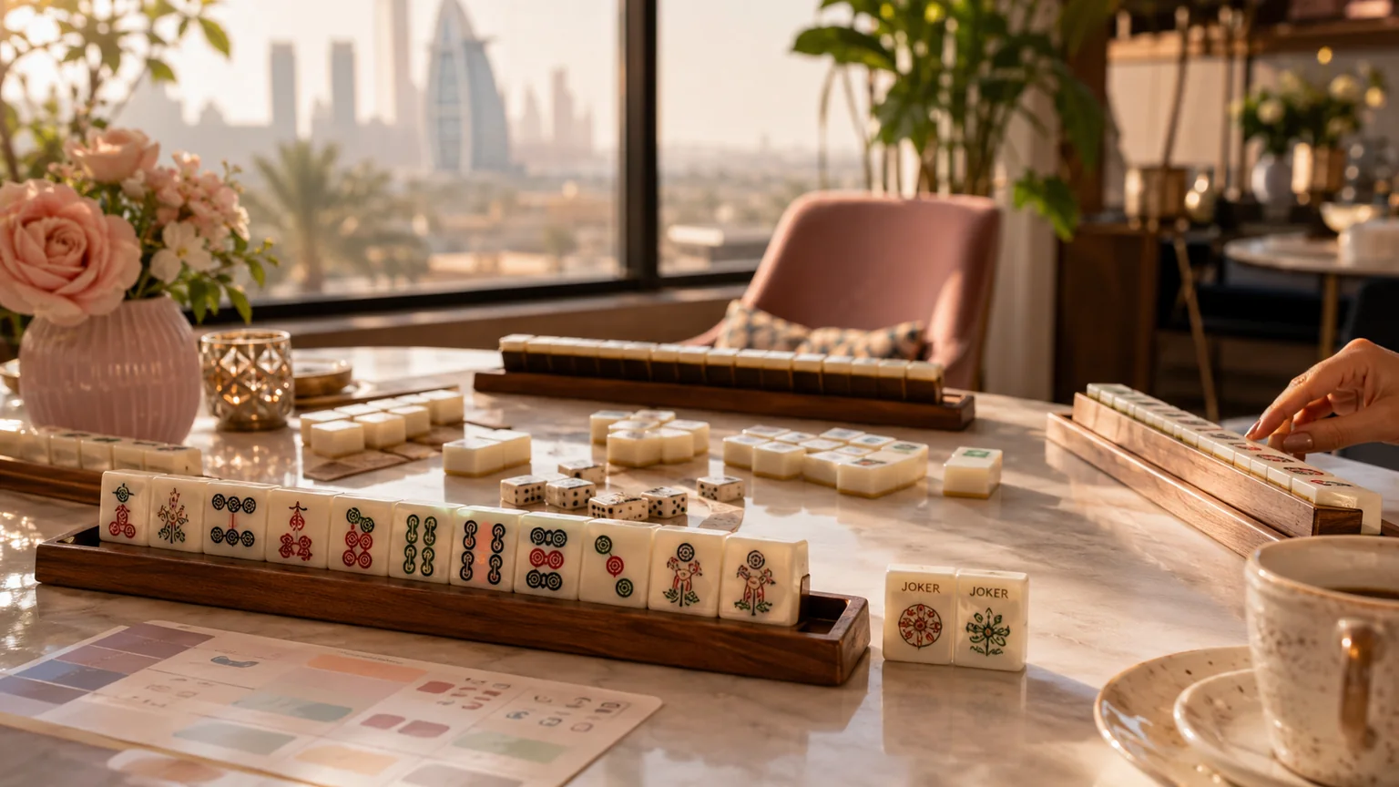 American Mahjong class in Dubai with racks, jokers, tiles, and a reference card