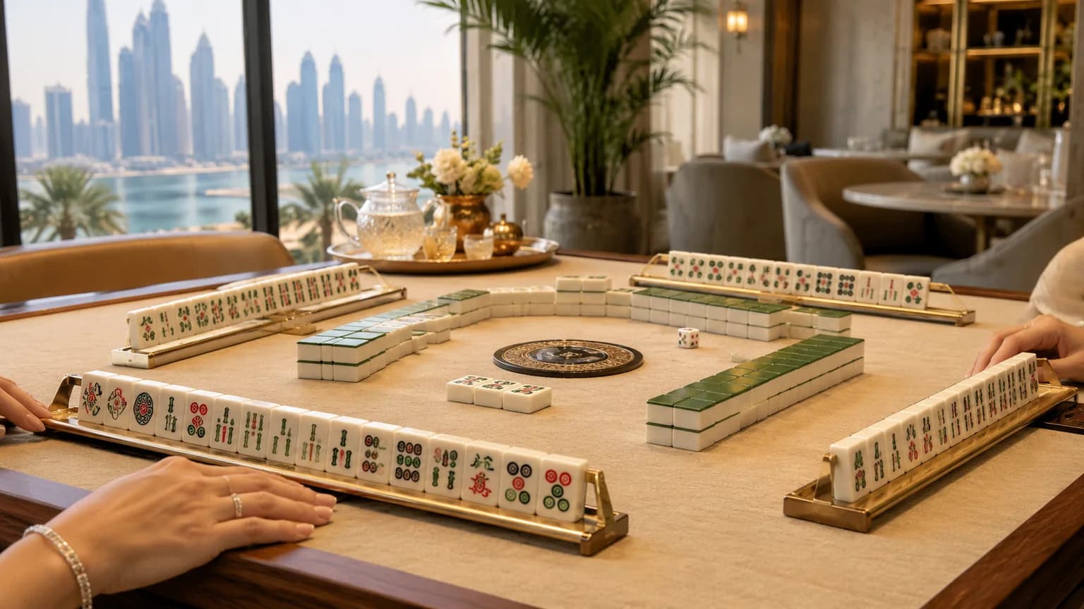Taiwanese Mahjong beginner class at a Dubai table with a 16-tile hand