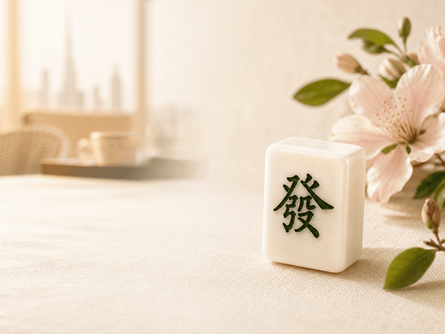Mahjong tile with flowers on a warm table