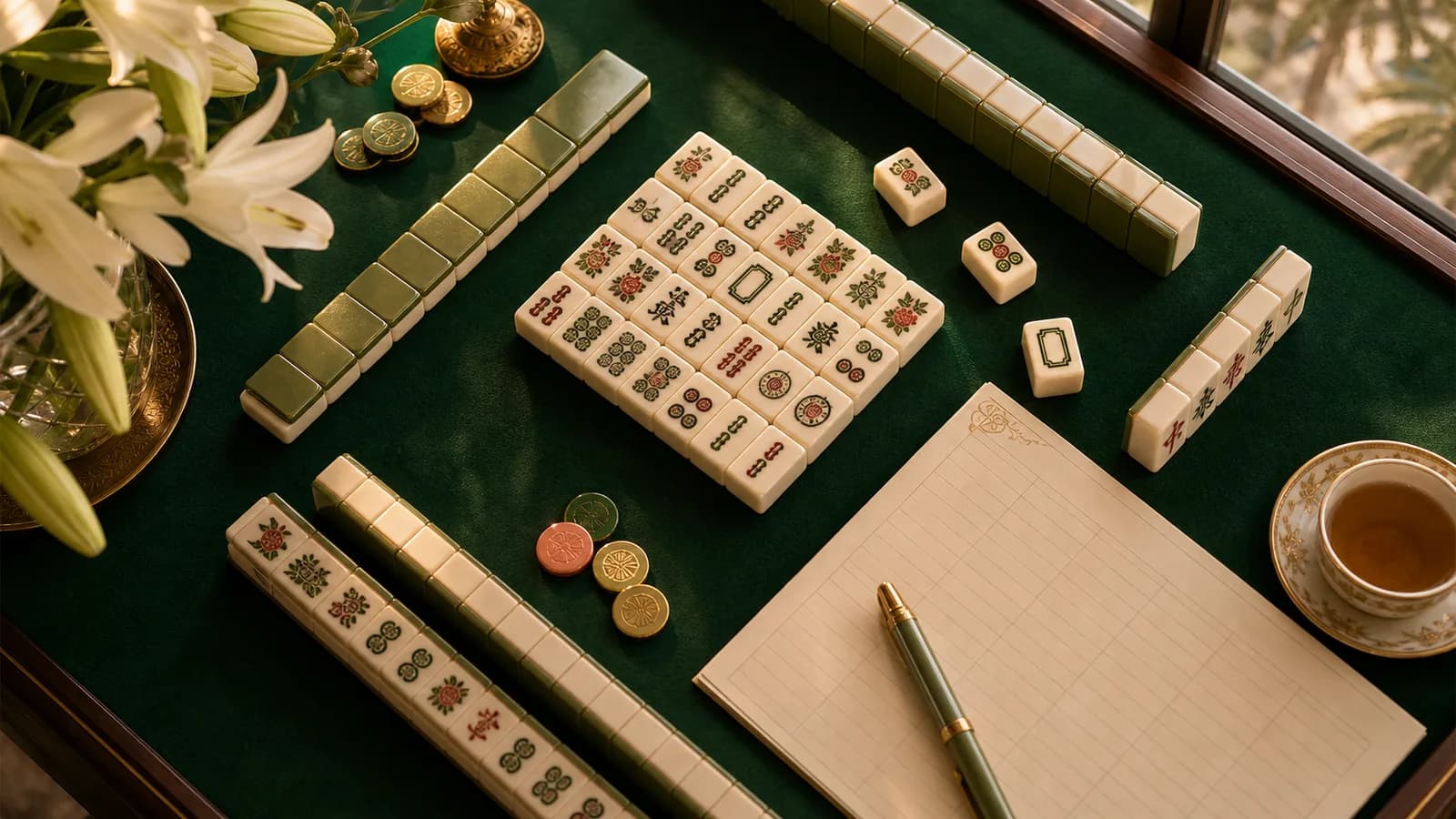 Mahjong tiles, jade racks, and a score sheet arranged on a green table