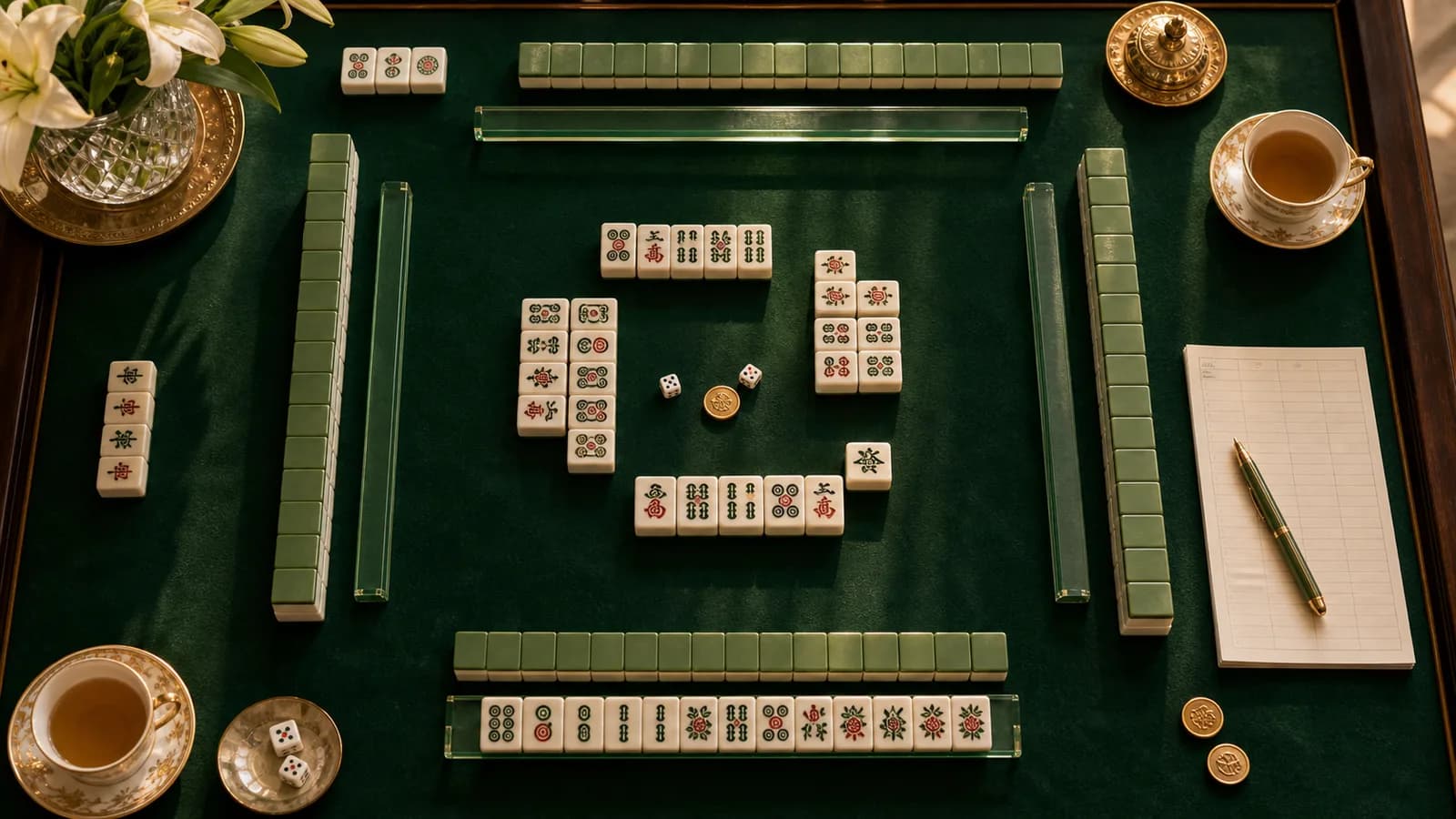 Overhead Mahjong table with tile walls, racks, and a blank score sheet