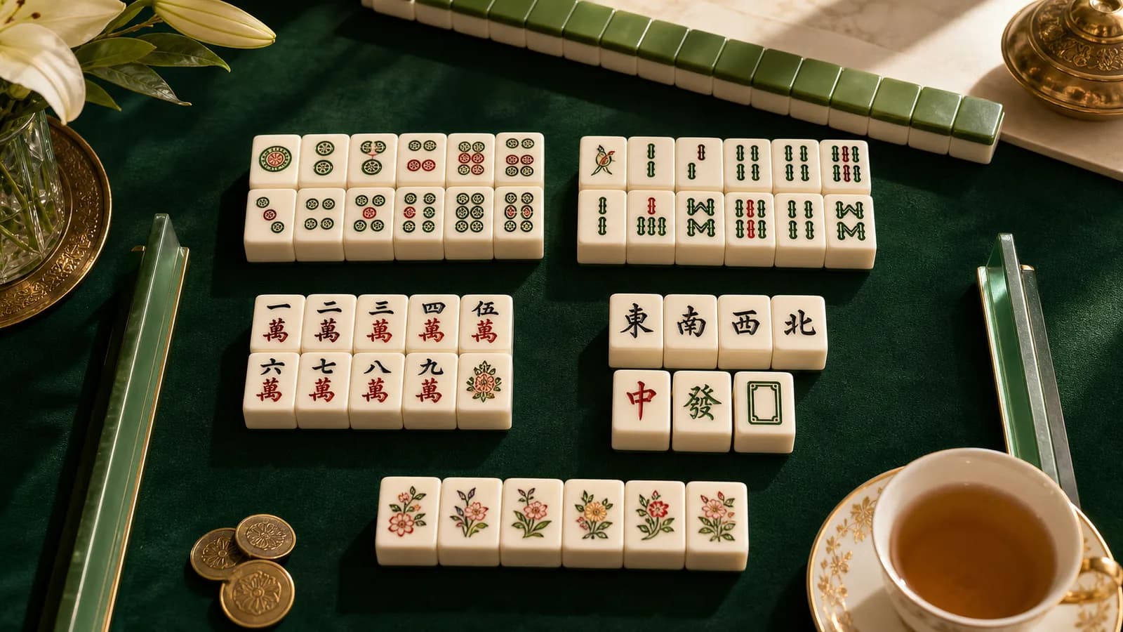 Mahjong dot, bamboo, character, wind, dragon, and flower tiles grouped by family