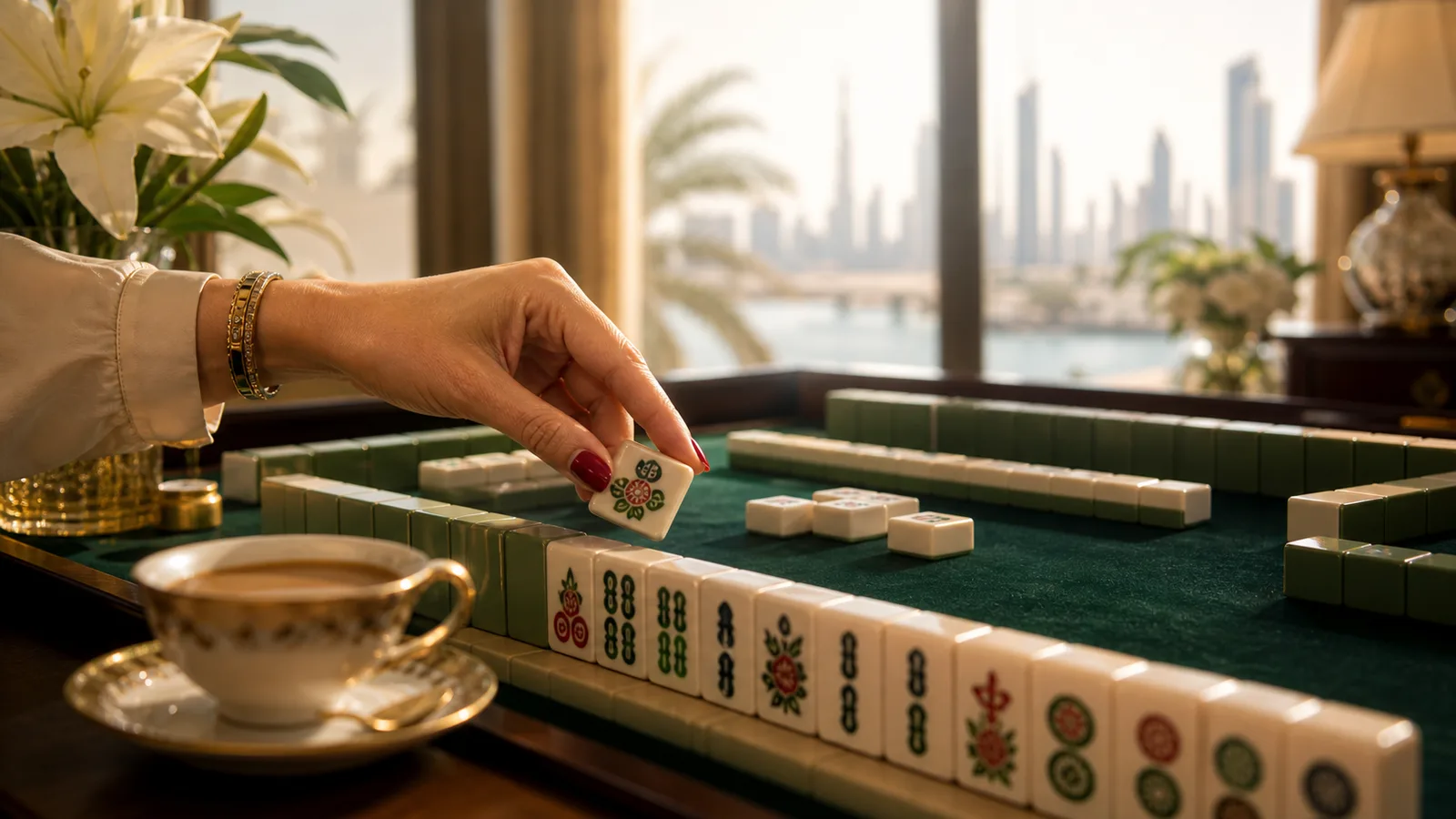 A Mahjong tile being placed on a green felt table in Dubai