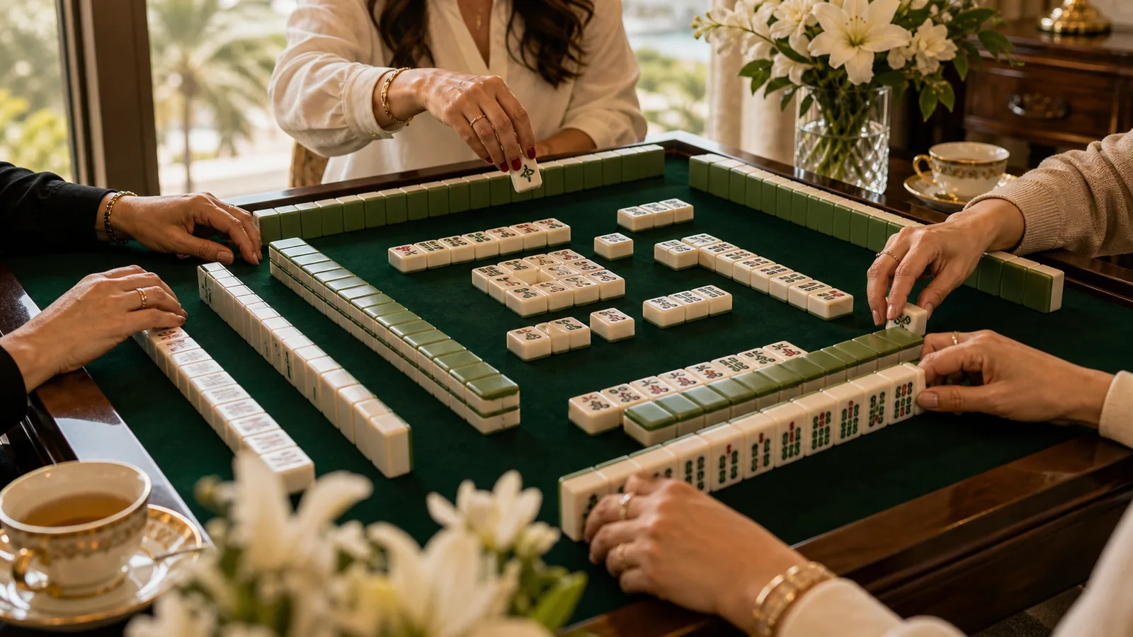 Hands moving Mahjong tiles around an open play table