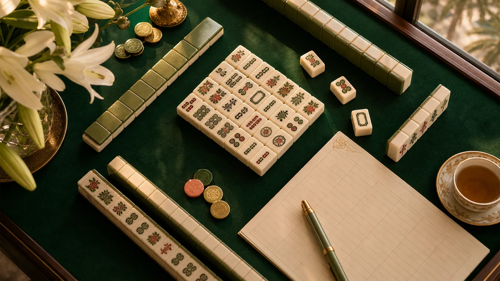 Mahjong tiles, jade racks, and a score sheet arranged on a green table