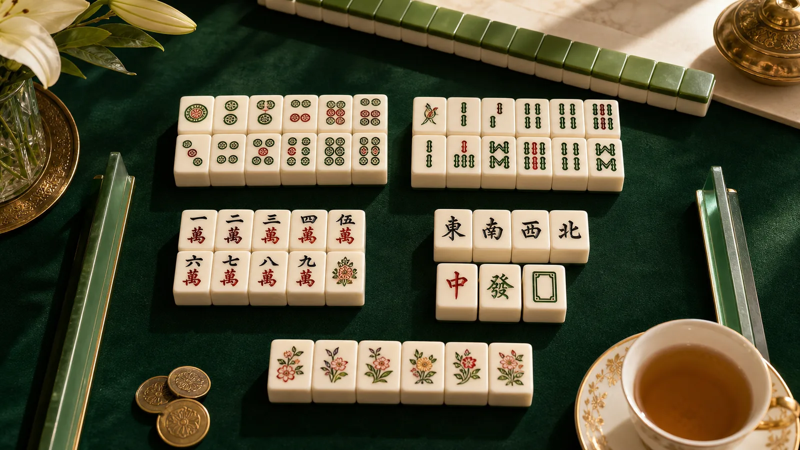 Mahjong tile families arranged on green felt for beginner scoring practice