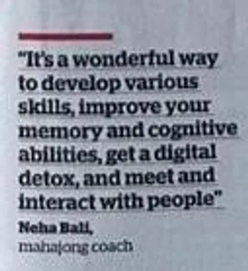 Khaleej Times quote clipping from Neha Bali about Mahjong as a digital detox
